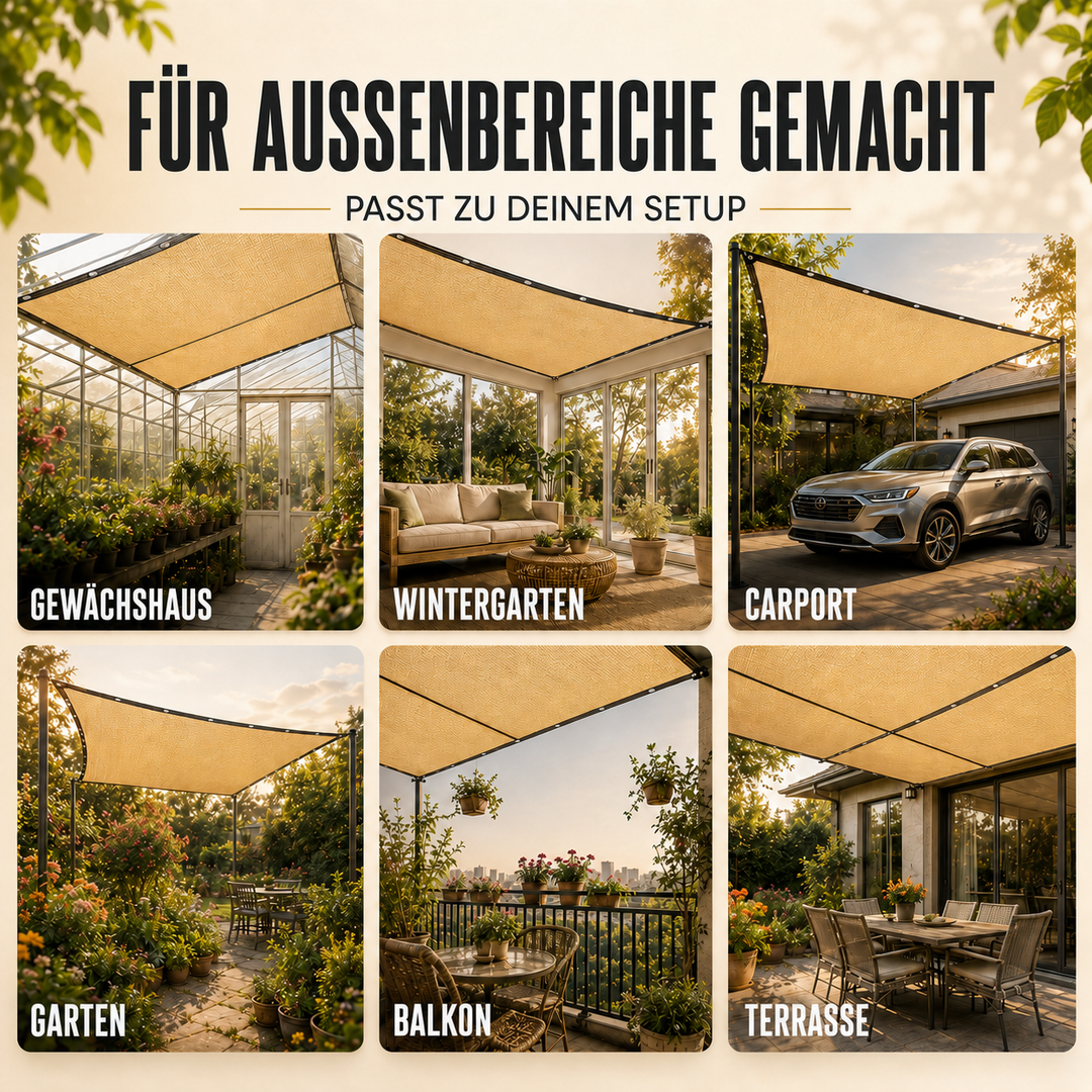Beiges Outdoor-Sonnenschutztuch für kühlere Bereiche. UV-Schutz & Beschattung für Garten, Terrasse, Pergola.