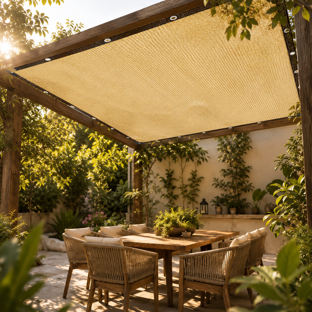 Beiges Sonnenschutztuch für Garten & Terrasse. Bietet effektiven UV-Schutz und angenehme Kühlung im Outdoor-Bereich.