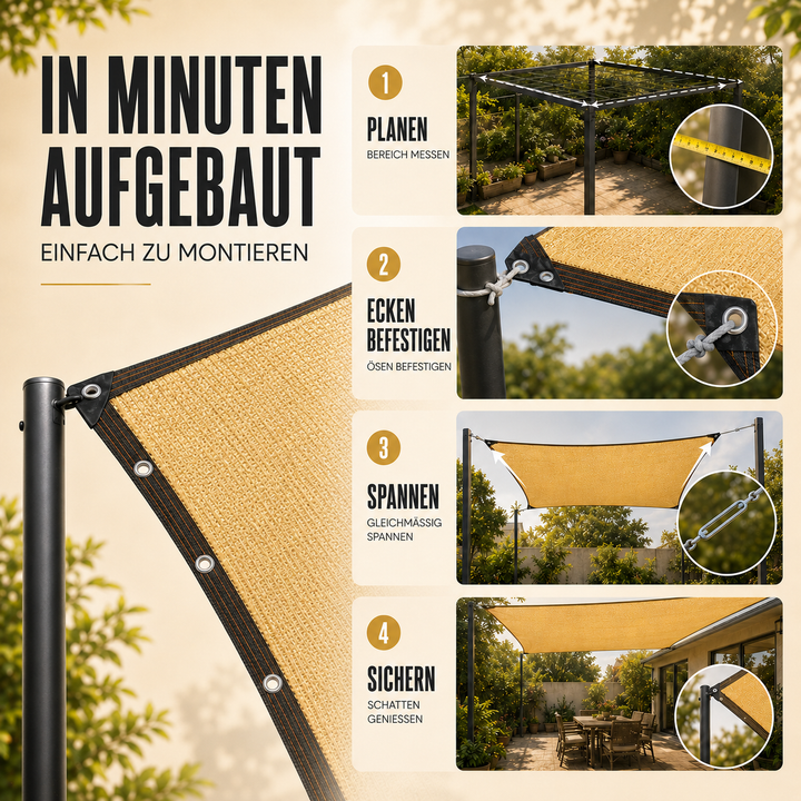 Hochwertiges Sonnenschutztuch beige. Effektiver UV-Schutz & Kühlung für Gärten, Terrassen & Outdoor-Markisen.