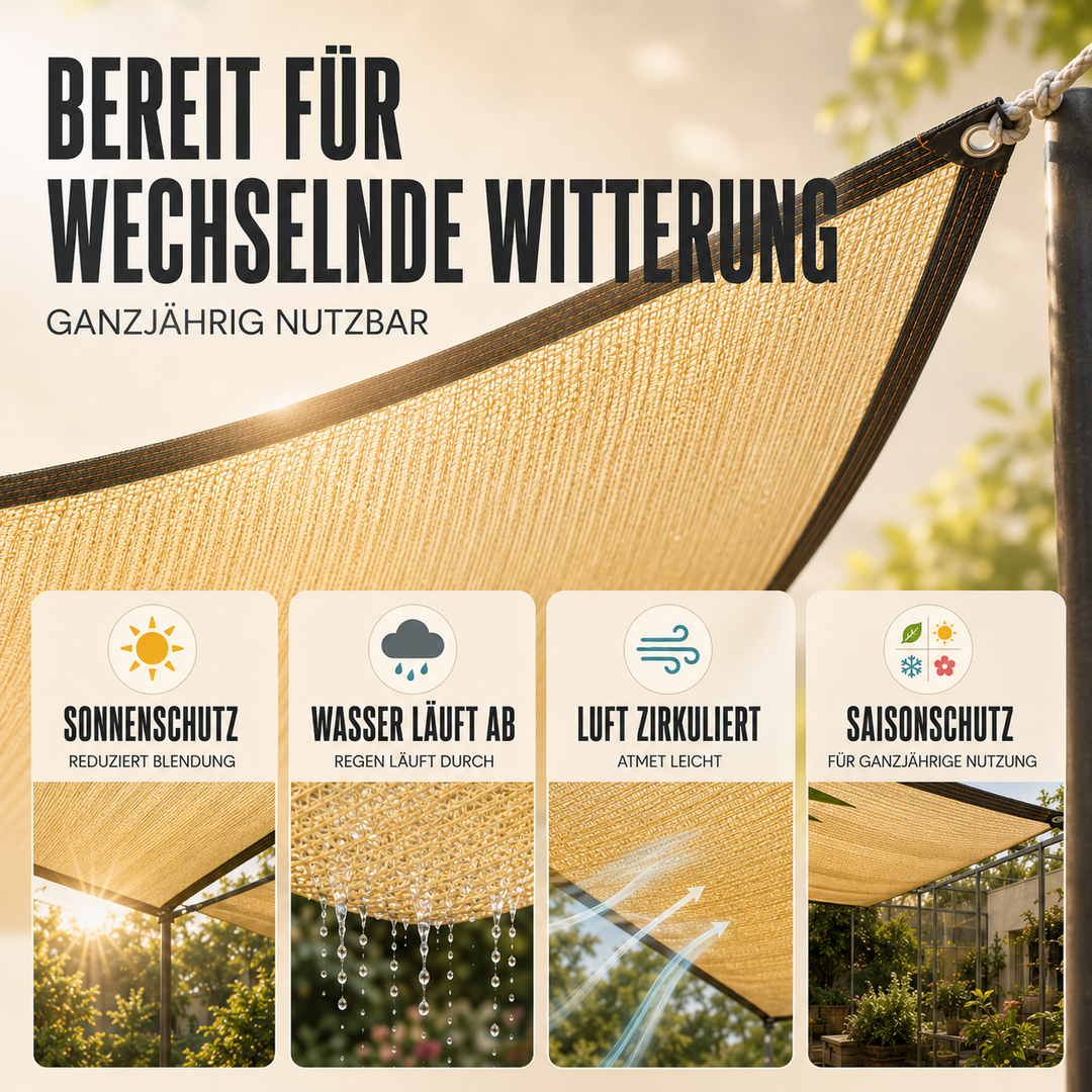 Beiges Schattennetz mit hohem UV-Schutz. Ideal zur Beschattung von Gärten, Terrassen und Outdoor-Pergolen.