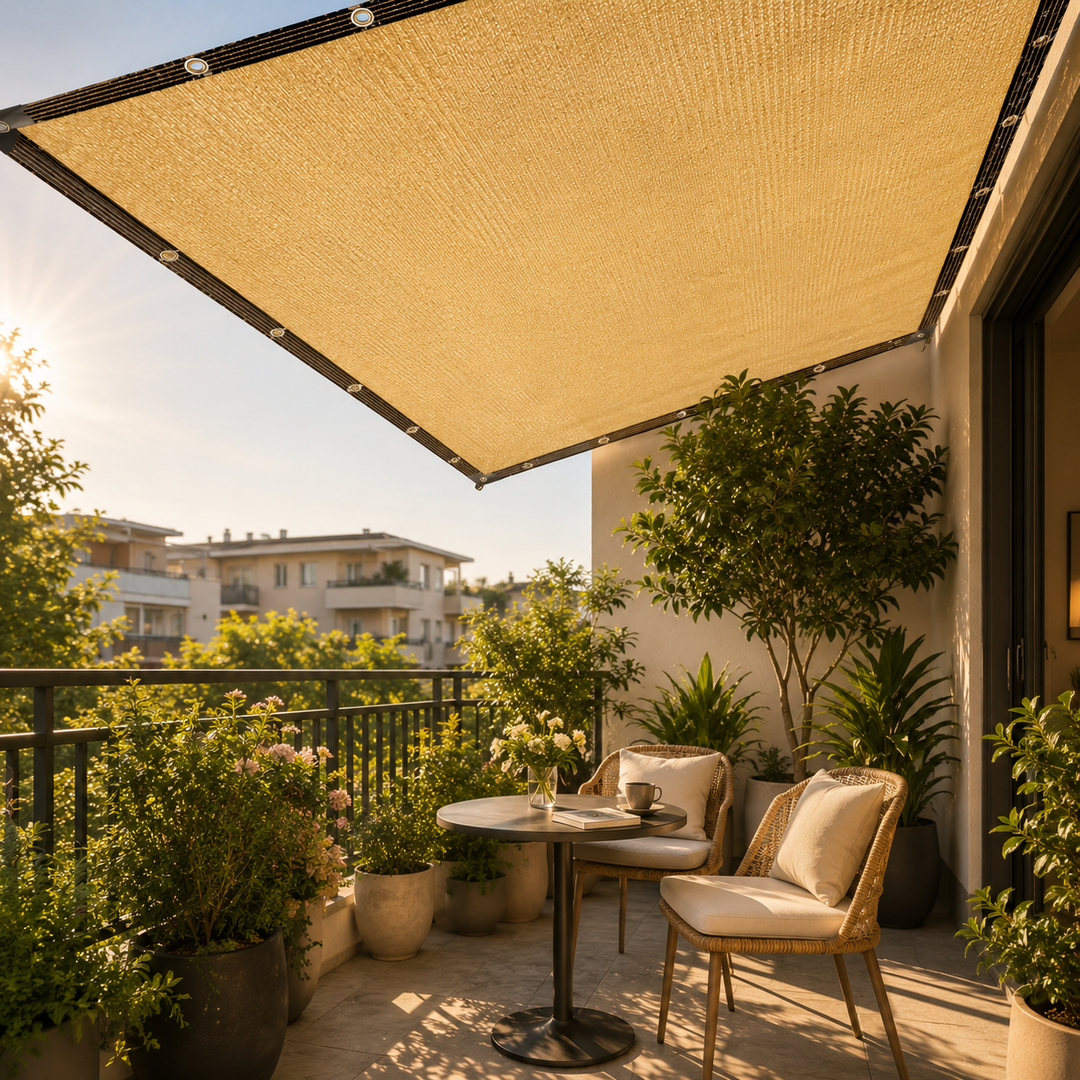 Beiges Sonnenschutz-Netzgewebe. Maximale Kühlung & UV-Schutz für Outdoor-Bereiche, Gärten und Terrassen.