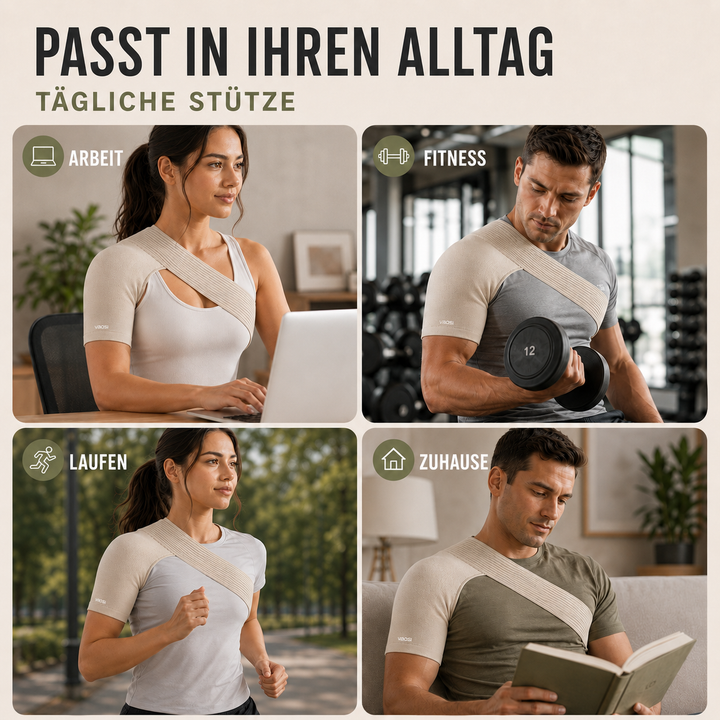 Weiche, flexible Schulterbandage in Beige. Stützt Gelenk ohne einzuengen. Unisex Einheitsgröße.
