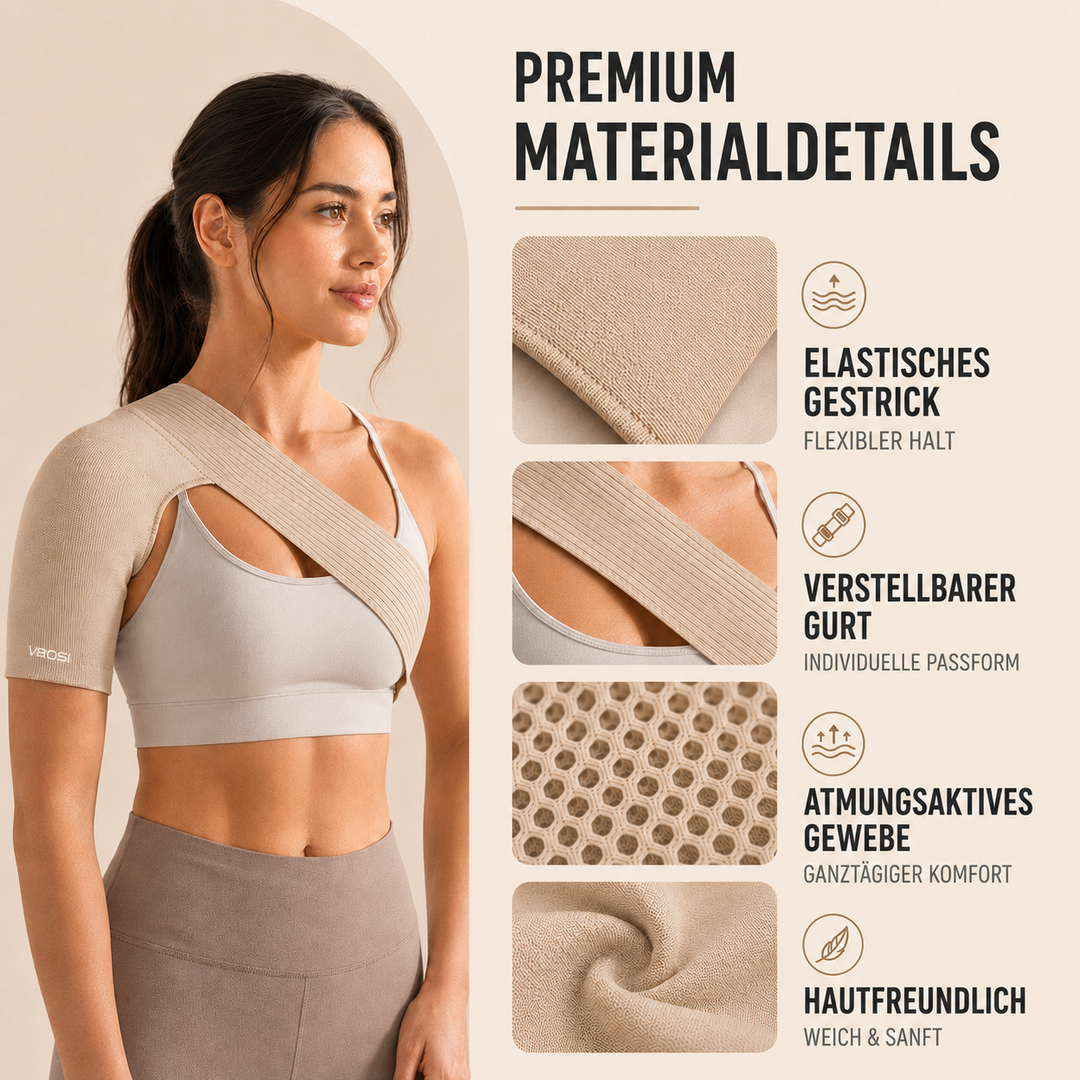 Hochwertige beige Polyester Schulterstütze, elastisch und atmungsaktiv. Optimaler Tragekomfort.