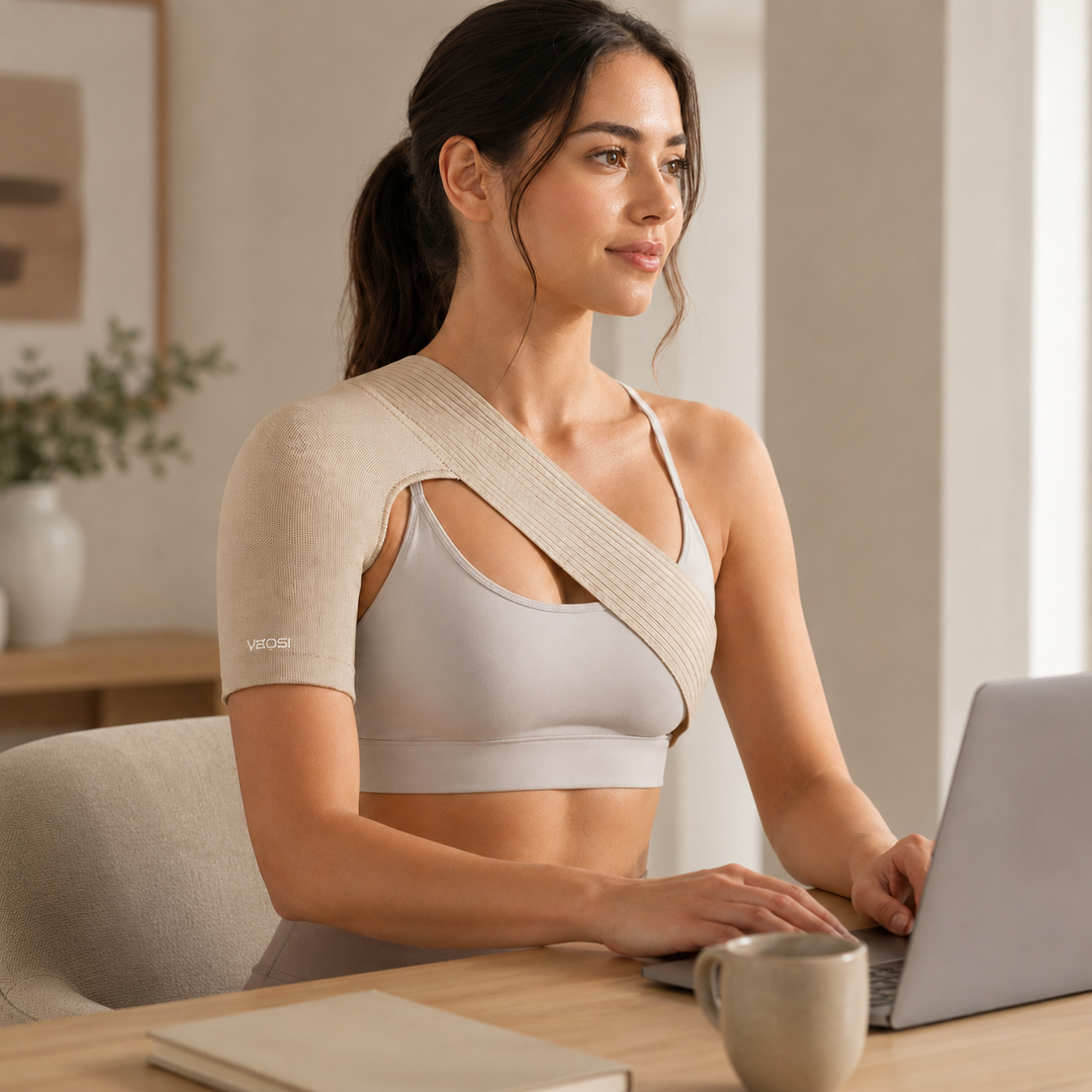 Elastische Schulterbandage beige, passt sich Körperform an für maximalen Halt & Bewegungsfreiheit.