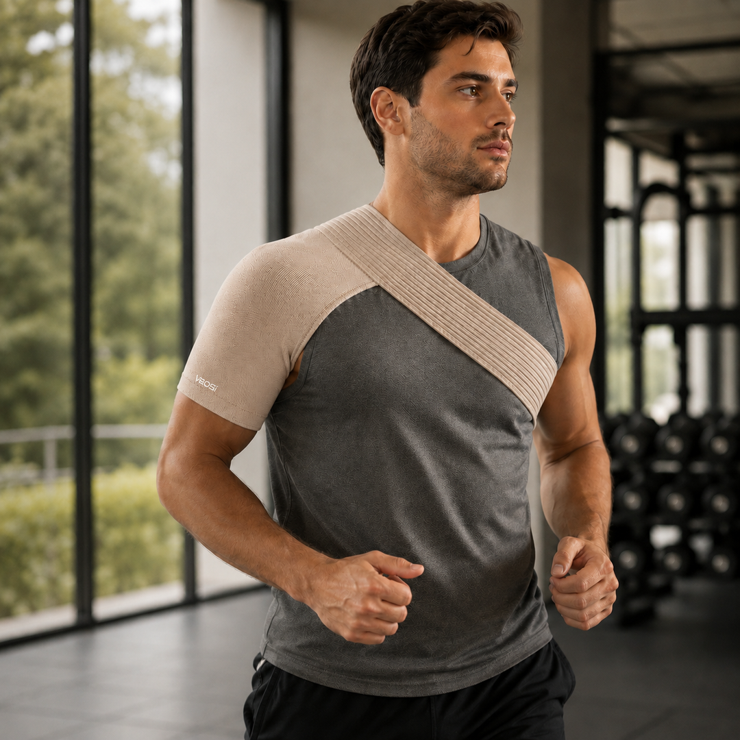 Unisex Schulterstütze aus Polyester. Schmerzlinderung, Haltungskorrektur & Gelenkstabilisierung. Beige.