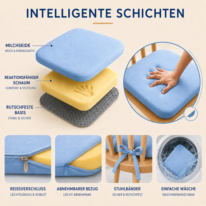 Waschbares, quadratisches Bürokissen: Atmungsaktiv, hygienisch und bequem für Schreibtischstuhl.