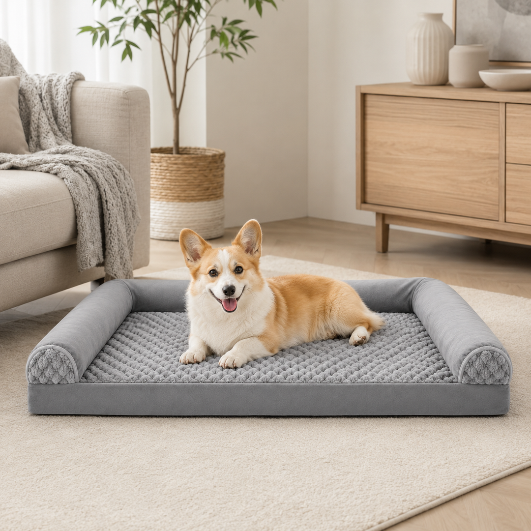 Graues, waschbares Hundesofa für große Hunde aus Polyester; ideal als orthopädischer Schlafplatz.