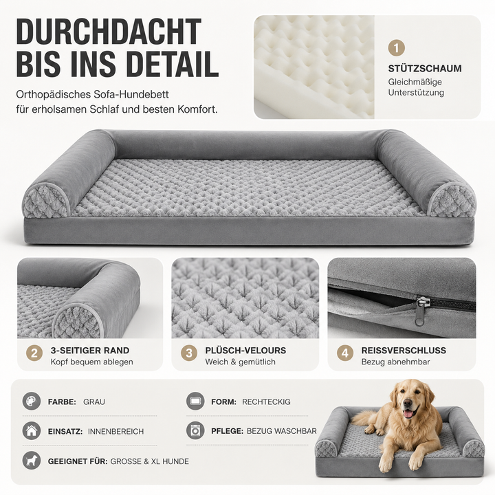 Nahaufnahme des grauen, weichen Stoffs des orthopädischen Hundebetts, ideal für entspannten Schlaf.