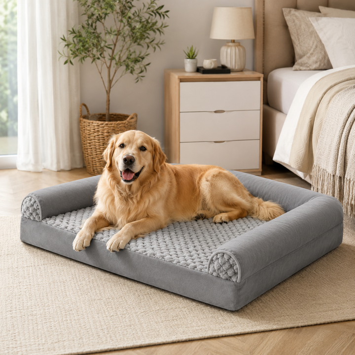 Großes orthopädisches Hundebett, grau, bietet großen Hunden hohen Schlafkomfort und Gelenkentlastung.