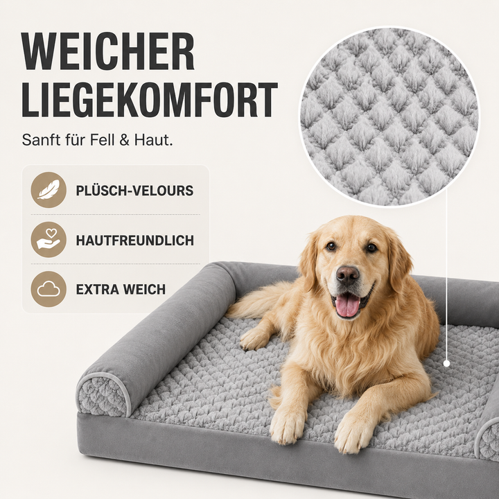 Ein großer Hund schläft entspannt auf dem komfortablen, orthopädischen Haustierbett in Grau.