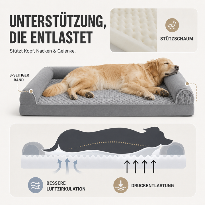 Orthopädisches Hundebett in Grau, speziell für große Hunde, fördert gesunden und erholsamen Schlaf.