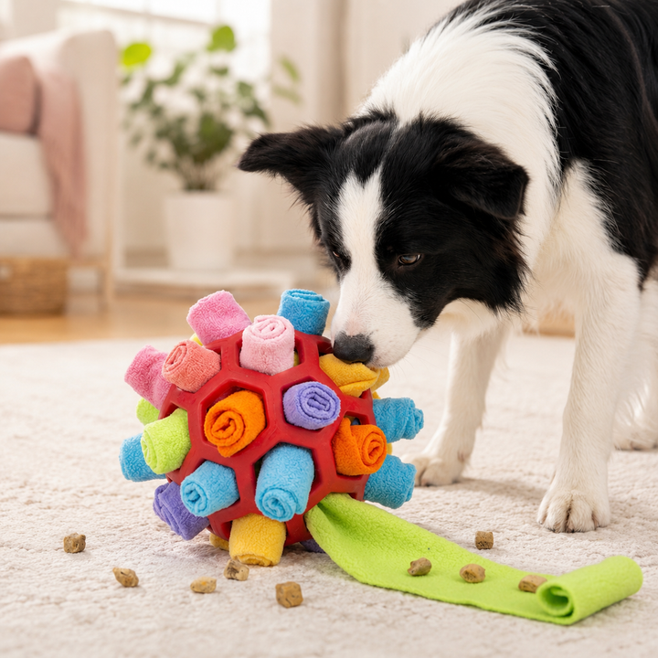 Interaktiver Schnüffelball mit Riemen für Hunde, ideal für Nasenarbeit & mentalen Spielspaß.