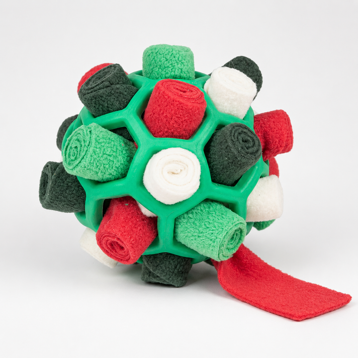 Robuster Schnüffelball als Kauspielzeug & Leckerli-Versteck mit praktischem Riemen.