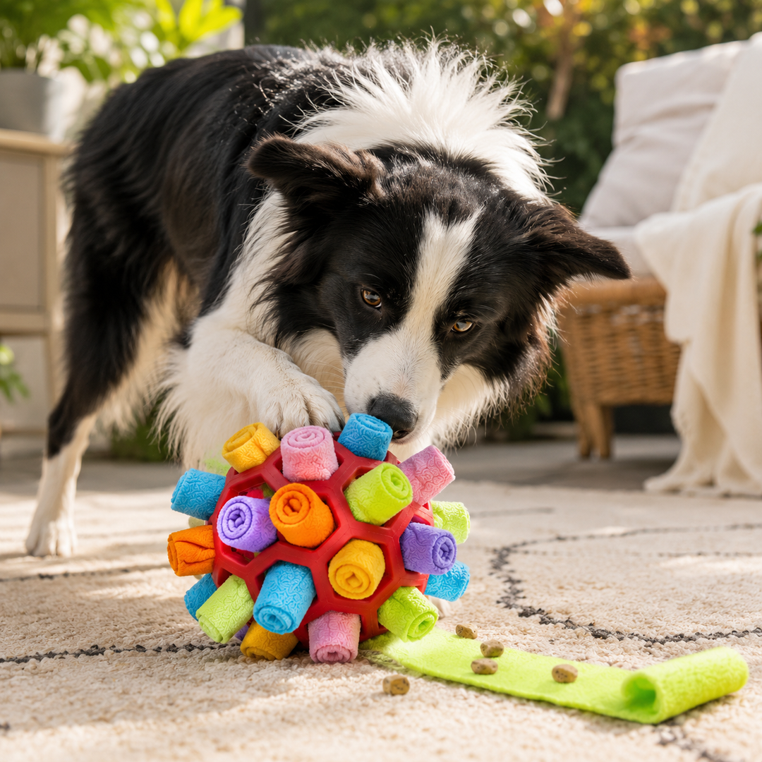 Schnüffelball mit Riemen & Leckerlisfächern, perfektes Hundespielzeug für alle Hunde.