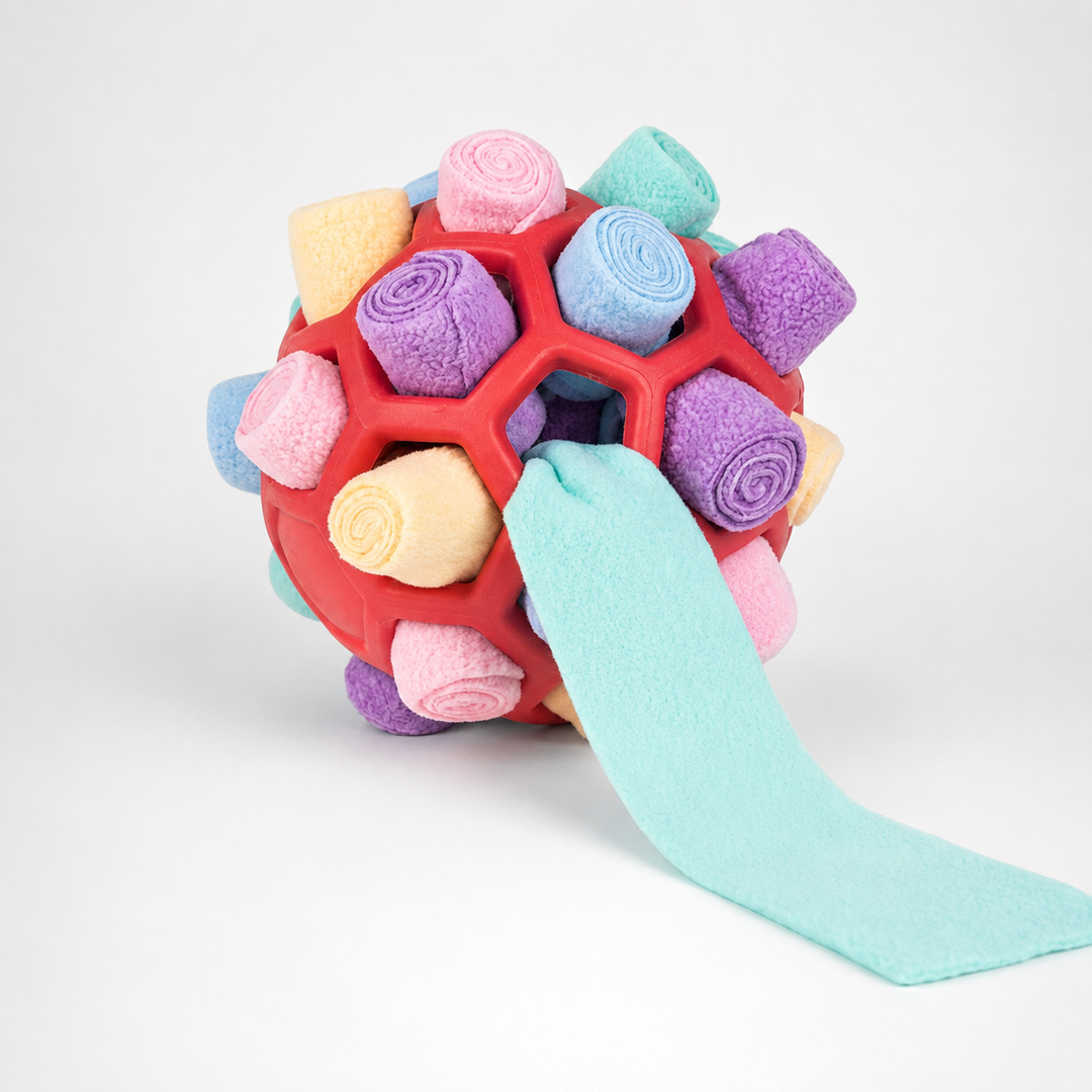 Interaktiver Fleeceball mit Riemen, ideal für Apportieren & Schnüffeln beim Hundespiel.