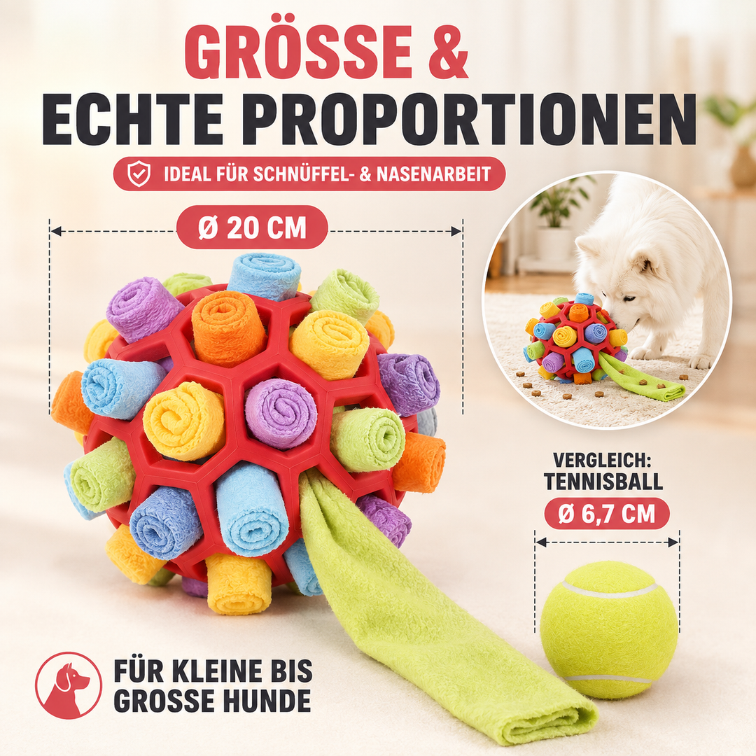 Farbenfroher Hundeschnüffelball aus Fleece mit Gurt, perfekt für interaktives Hundetraining.