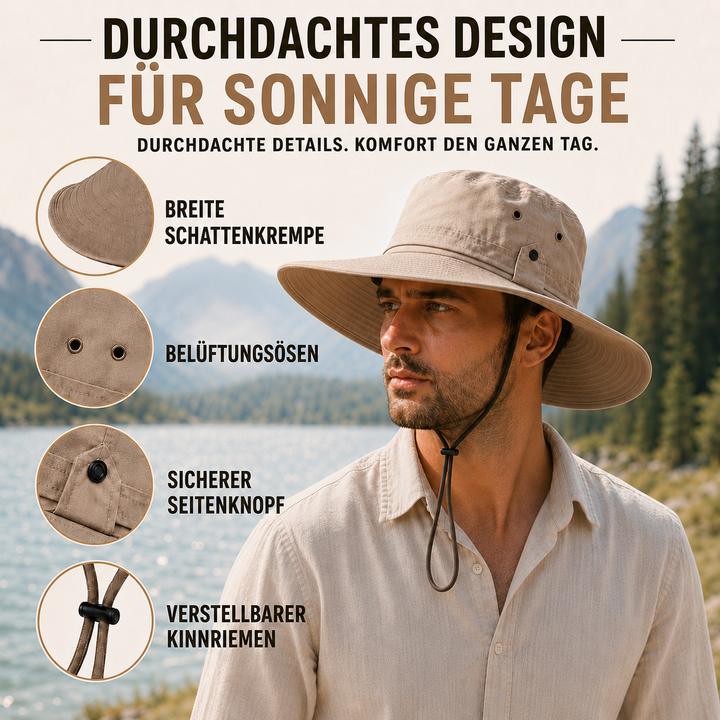 Komfortabler Sommerhut, unisex, mit UV-Schutz, breitem Rand und Belüftungslöchern.
