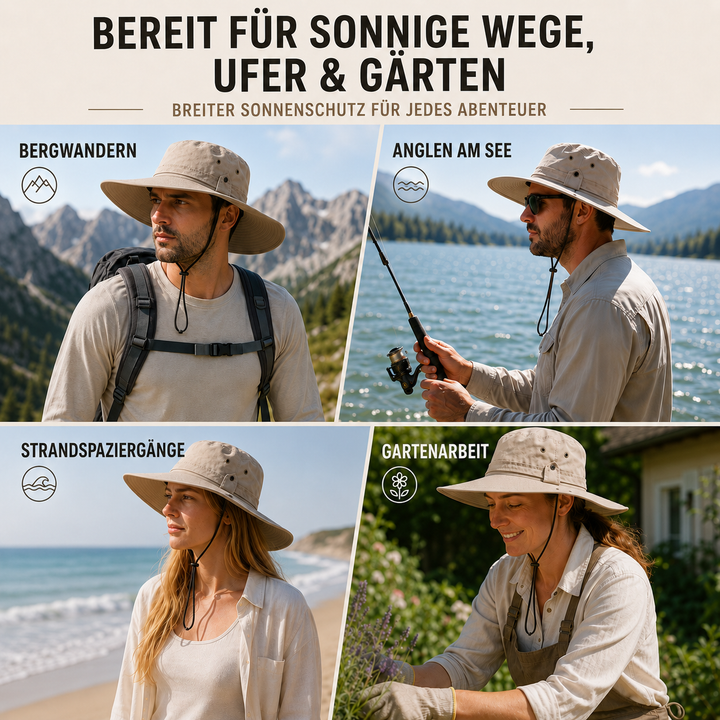 Unisex Anglerhut/Wanderhut, UV-Schutz, breiter Rand, atmungsaktiv und schnelltrocknend.