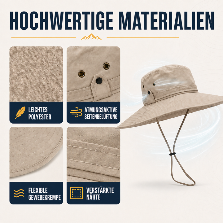 Leichter Outdoor-Sonnenhut, unisex, mit UV-Schutz und Kinnriemen, perfekt für den Strand.