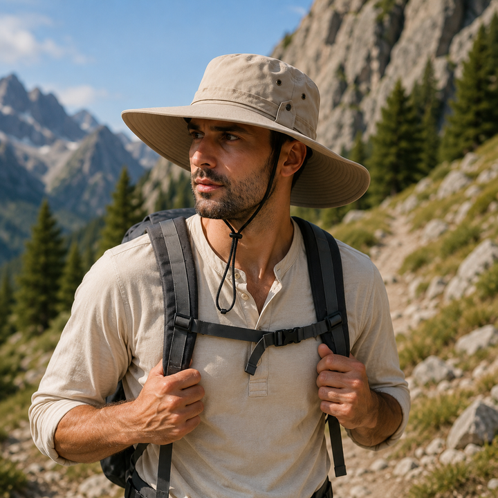 Atmungsaktiver Wanderhut, unisex, breiter Rand, UV-Schutz, aus leichtem Polyester.