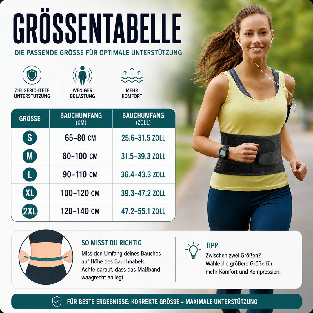 Leichter, atmungsaktiver Rückenstützgurt, ergonomisch geformt, für optimalen Komfort & Lendenstütze.
