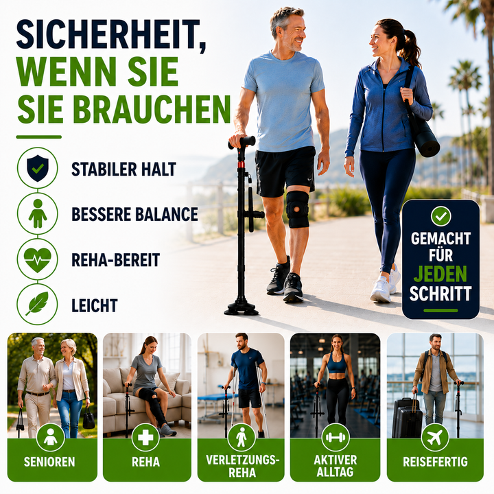 Benutzerfreundlicher, klappbarer Gehstock, schwarz, mit Vierfuss & LED-Licht für sicheres Gehen.