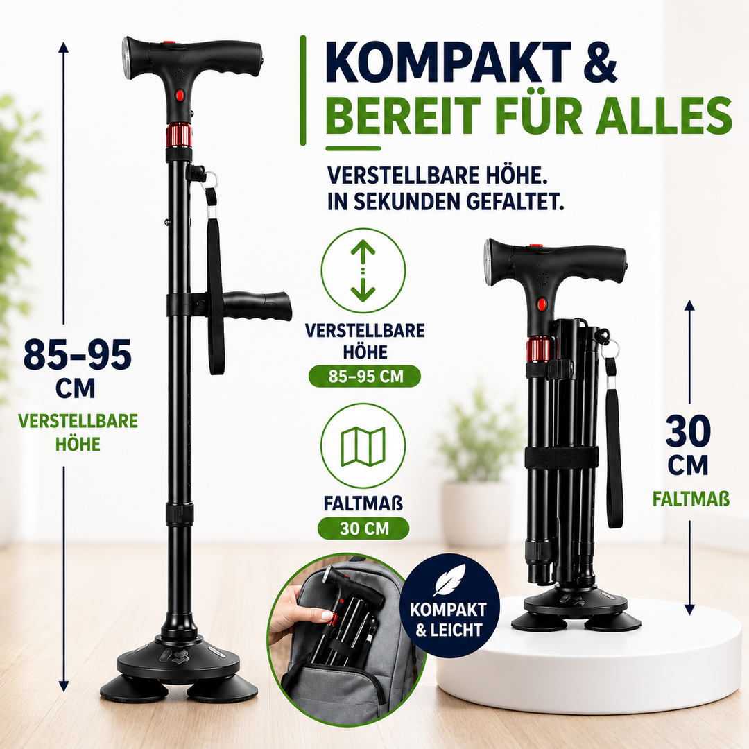 Ergonomischer Vierfuss-Gehstock aus schwarzem Aluminium, faltbar, bietet Komfort & Sicherheit.