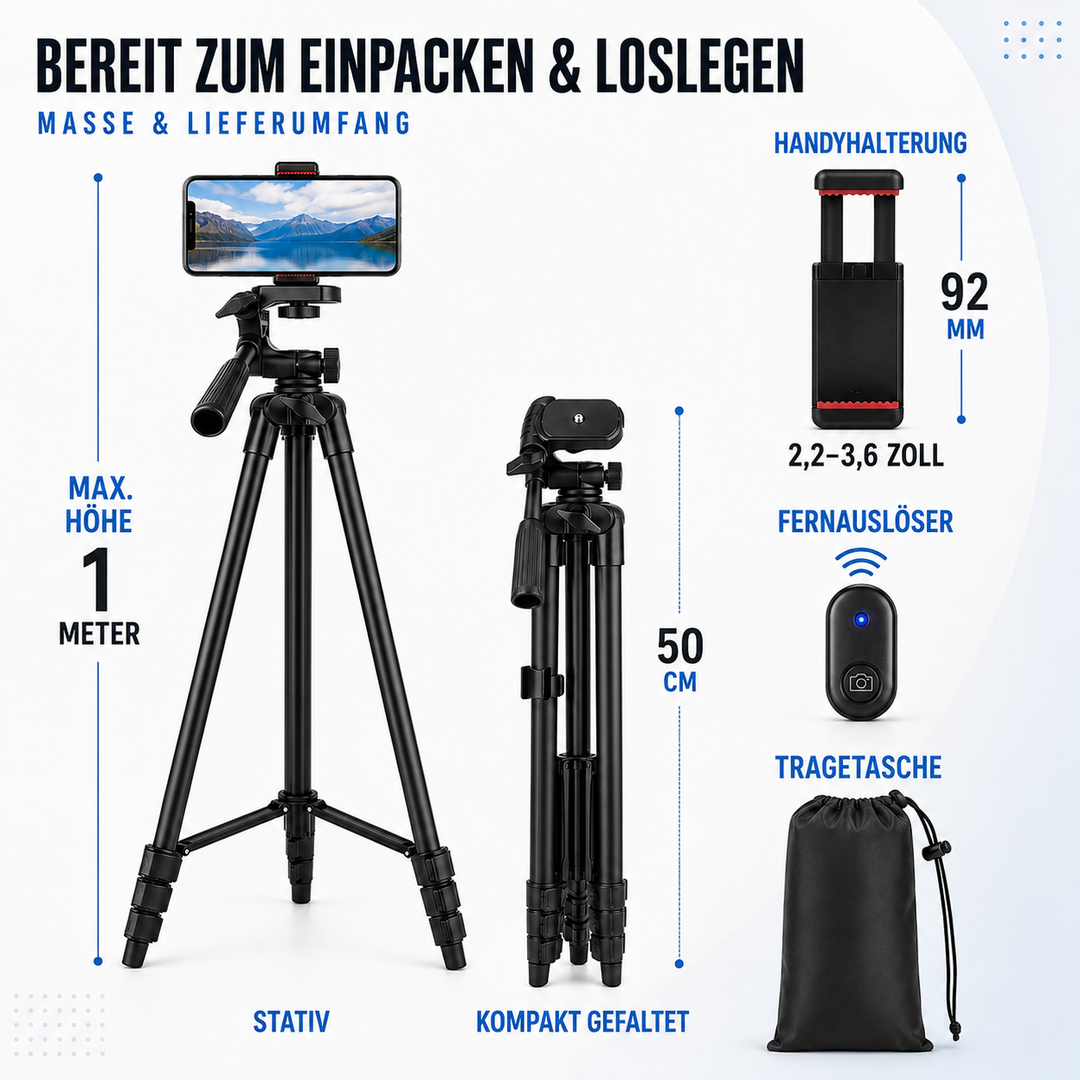 Robustes, leichtes Aluminium-Stativ für stabile Aufnahmen mit Smartphone oder Action-Cam.