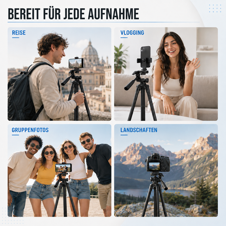 Höhenverstellbares Leichtstativ für Handy & Action-Kamera, flexible Perspektiven.