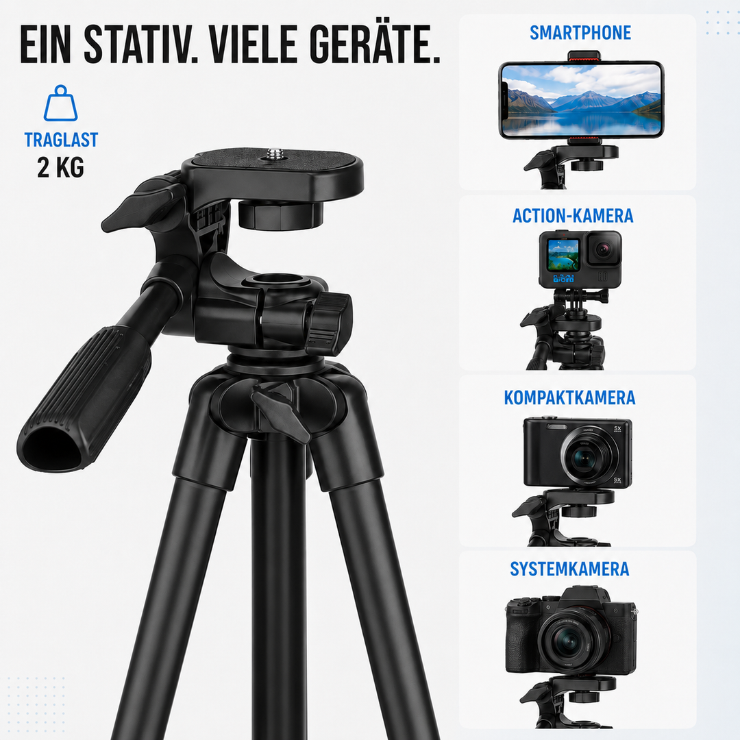 Kompaktes, leichtes Smartphone- & Action-Cam-Stativ, ideal für Rucksackreisen.