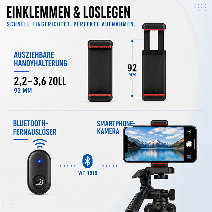 Stabiles Kamera-Stativ aus Aluminium für Smartphones & Action-Cams, minimiert Verwacklungen.