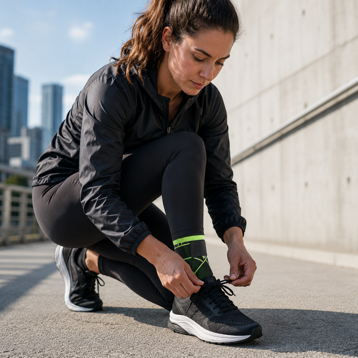Schwarze Kompressionsbandage für den Knöchel, ideal für Genesung nach Sportverletzungen.