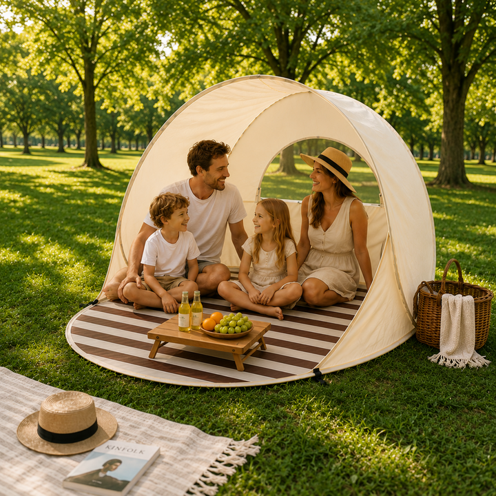 Khaki Strandmuschel für 3-4 Personen. Ideal für Picknicks, Outdoor-Events & Familienspaß.