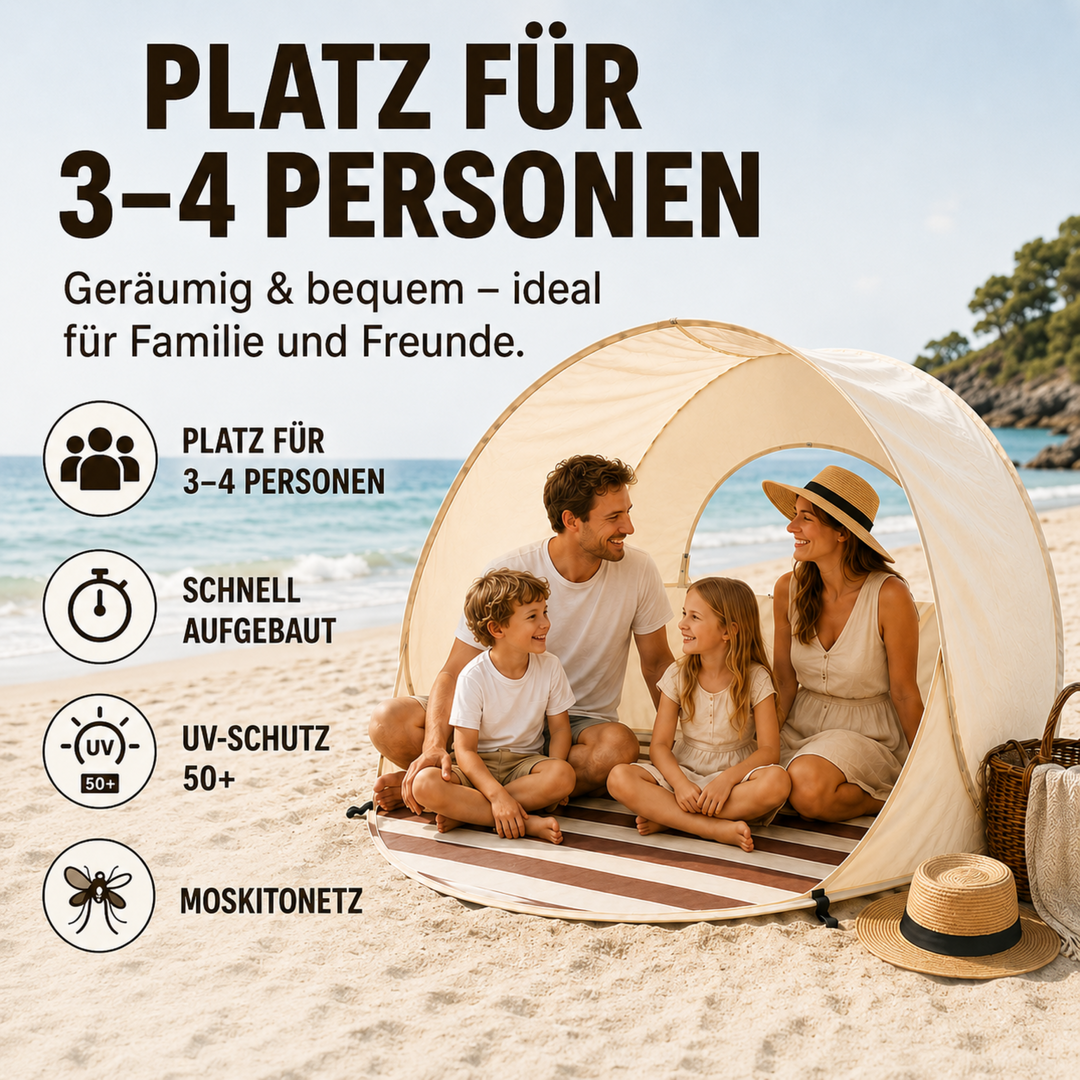 Geräumige Khaki Pop-up Strandmuschel für 3-4 Personen. Optimaler Schatten am Strand & beim Camping.