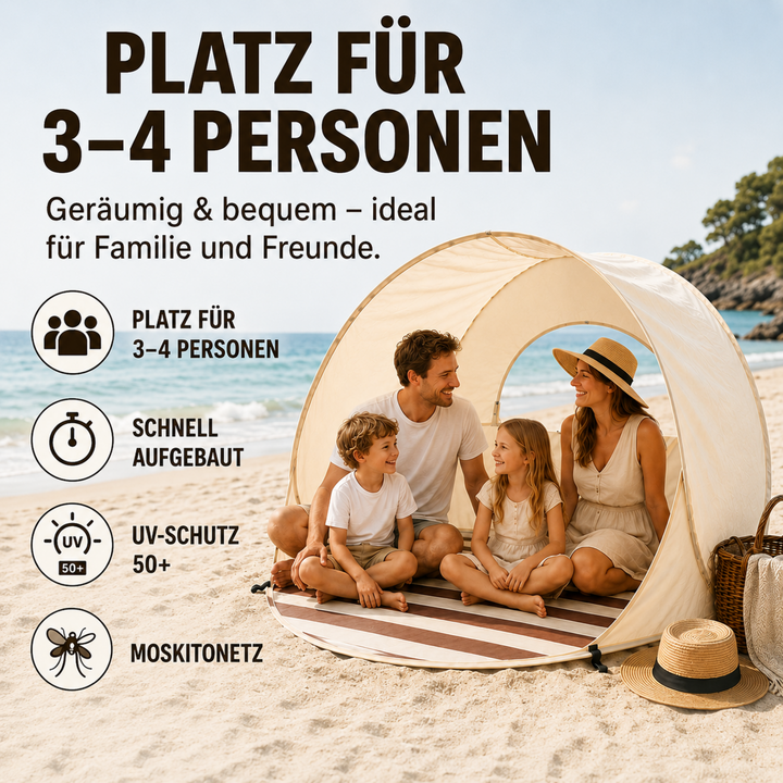 Geräumige Khaki Pop-up Strandmuschel für 3-4 Personen. Optimaler Schatten am Strand & beim Camping.