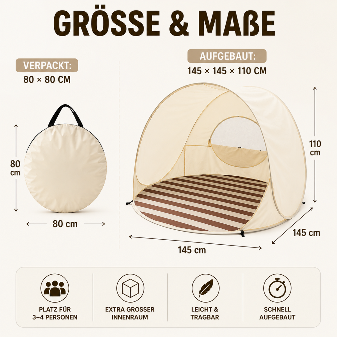 Familienfreundliche Khaki Pop-up Strandmuschel. Bietet Schutz & Schatten für Kinder am Strand.