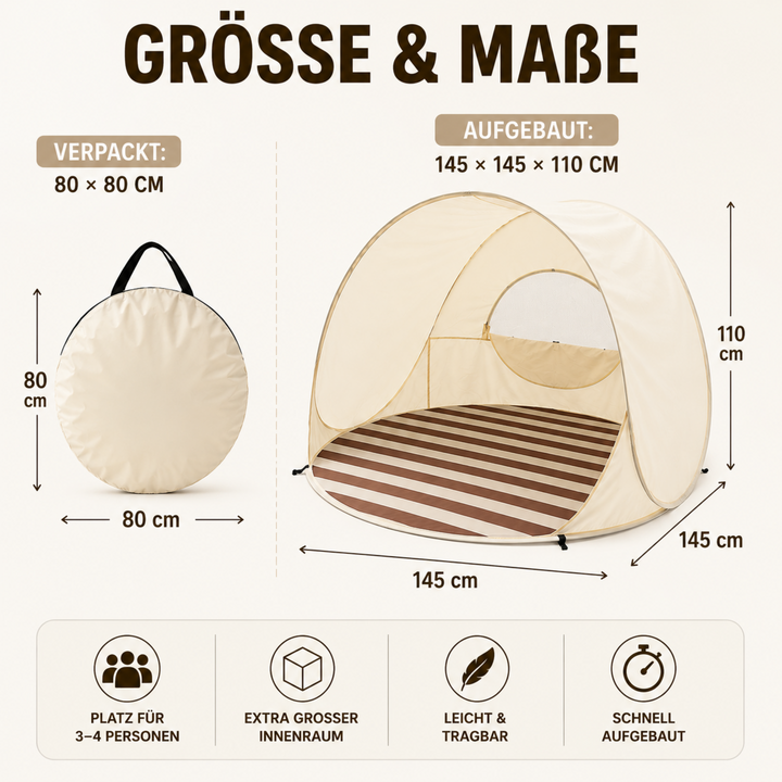 Familienfreundliche Khaki Pop-up Strandmuschel. Bietet Schutz & Schatten für Kinder am Strand.