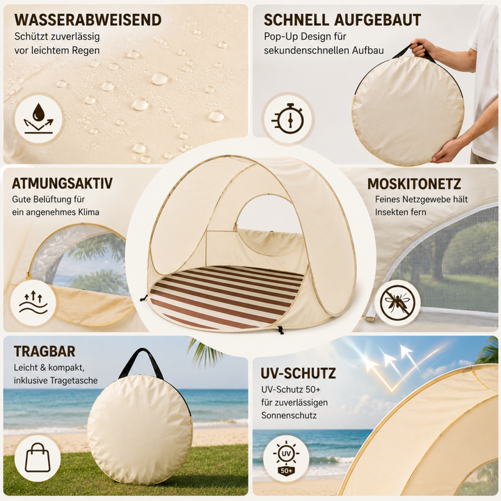 Schneller Aufbau: Khaki Pop-up Strandmuschel. Sofortiger Strandschutz für 3-4 Personen.
