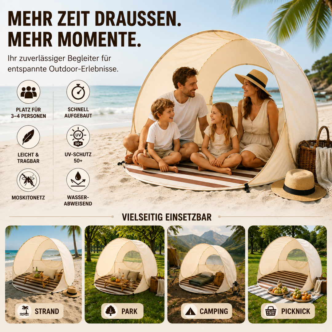 Schatten spendende Khaki Pop-up Strandmuschel. Effizienter Sonnenschutz für 3-4 Personen.