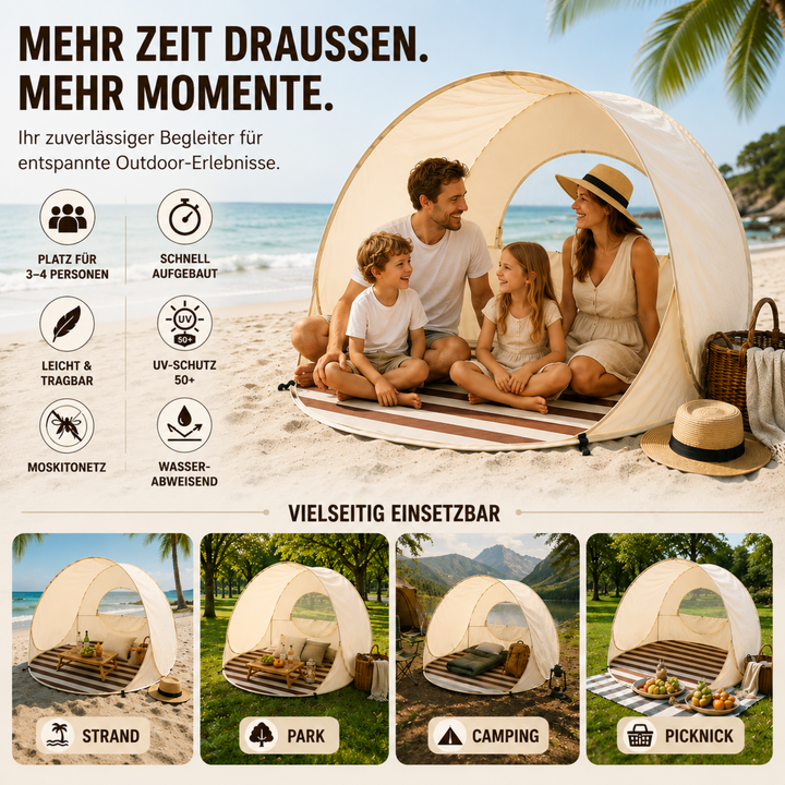 Schatten spendende Khaki Pop-up Strandmuschel. Effizienter Sonnenschutz für 3-4 Personen.