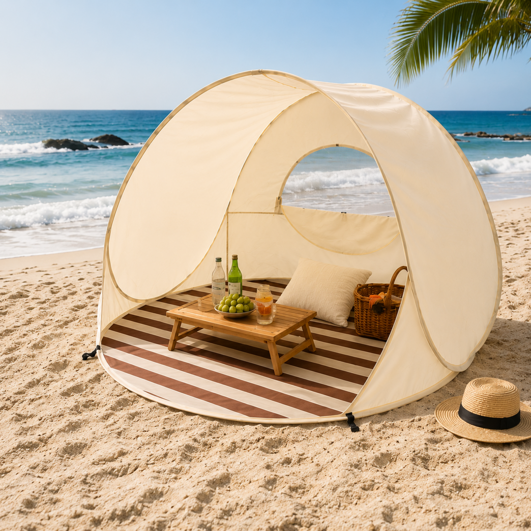 Khaki Pop-up Strandmuschel für 3-4 Personen mit UV-Sonnenschutz. Ideal für Strand & Camping.
