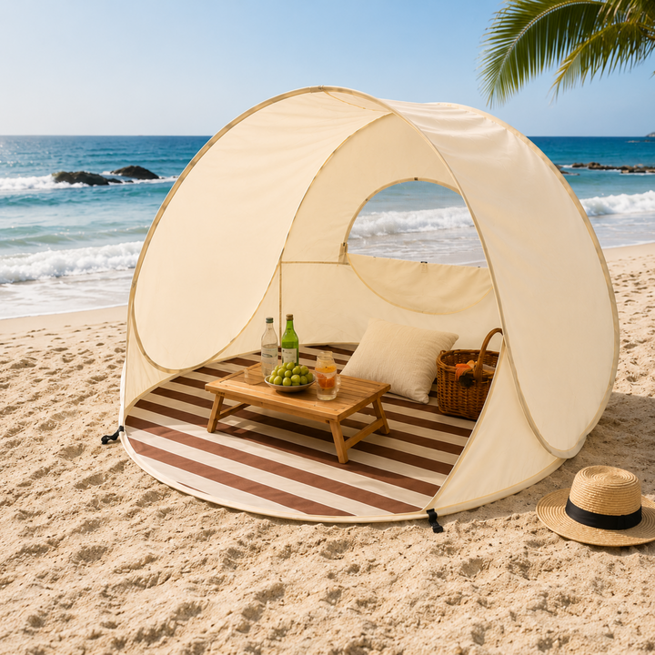 Khaki Pop-up Strandmuschel für 3-4 Personen mit UV-Sonnenschutz. Ideal für Strand & Camping.