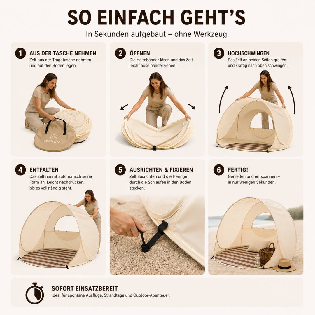 Khaki Pop-up Strandmuschel am sonnigen Strand aufgebaut. Perfekter Sonnenschutz für 3-4 Personen.