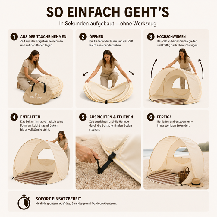 Khaki Pop-up Strandmuschel am sonnigen Strand aufgebaut. Perfekter Sonnenschutz für 3-4 Personen.