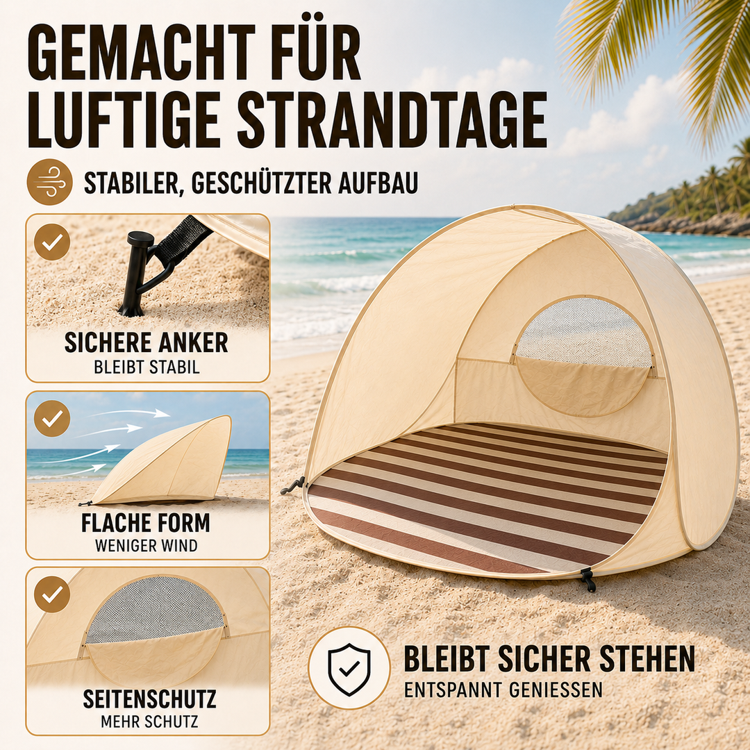 Khaki Pop-up Strandschutz mit hohem UV-Schutz. Sicherer Platz für Outdoor-Aktivitäten.