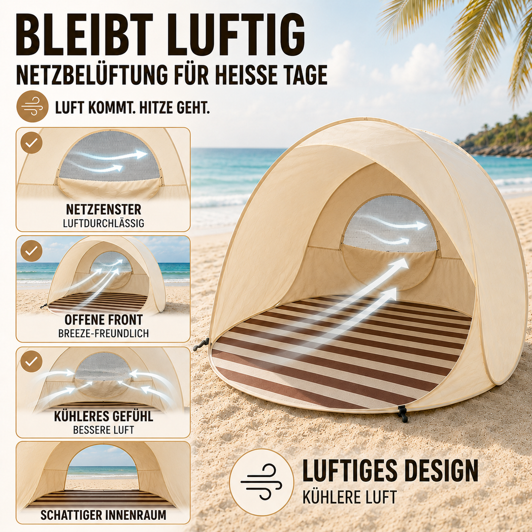 Robuste Khaki Strandmuschel als Pop-up-Zelt. Vielseitig für Strand, Garten & Familiencamping.