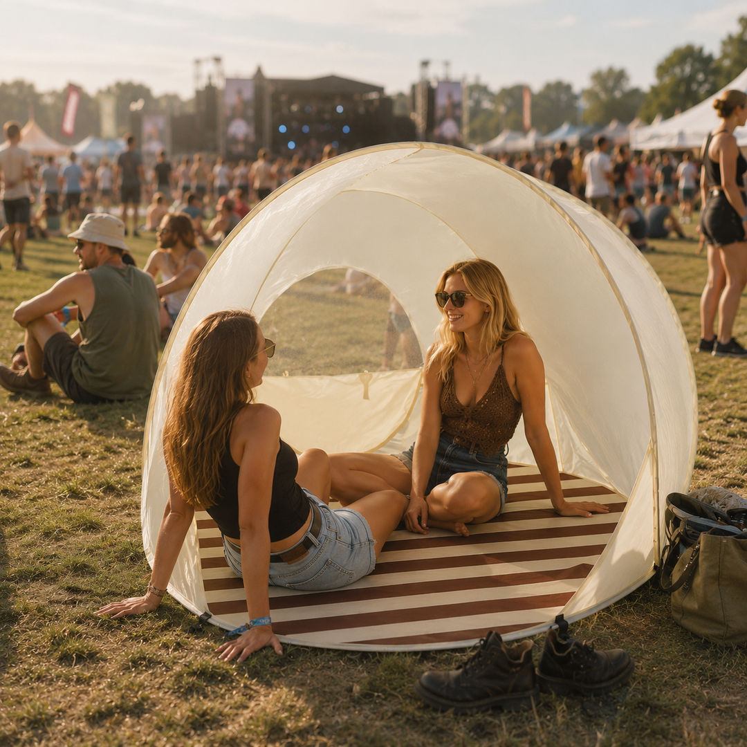 Sicherer UV-Schutz in dieser Khaki Pop-up Strandmuschel. Komfortabler Schatten am heißen Strand.