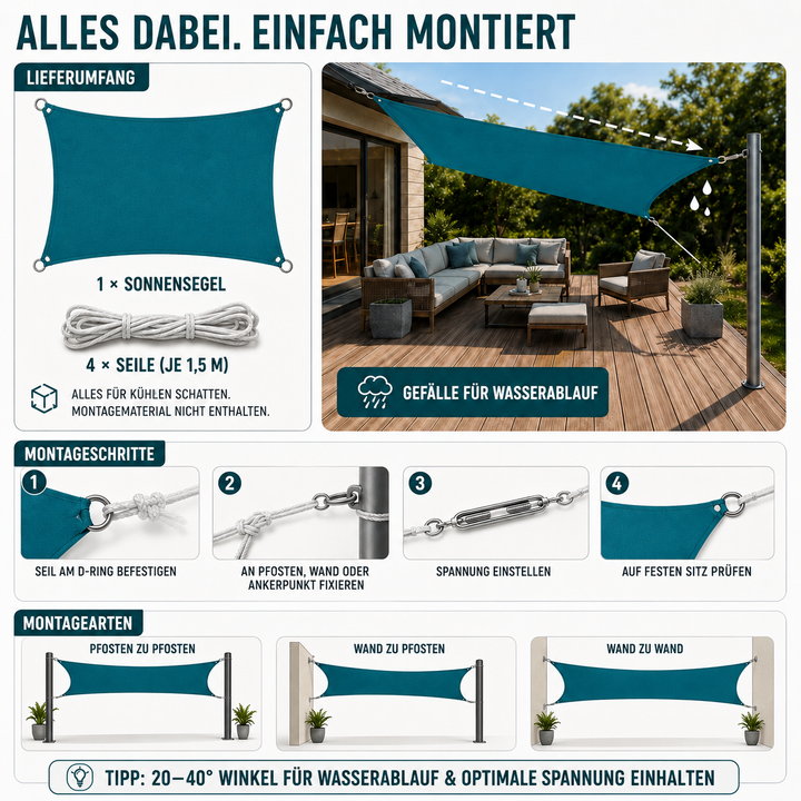 Strapazierfähiges Sonnensegel, wasserdicht. Optimaler Sonnenschutz für Balkon, Terrasse & Outdoor.