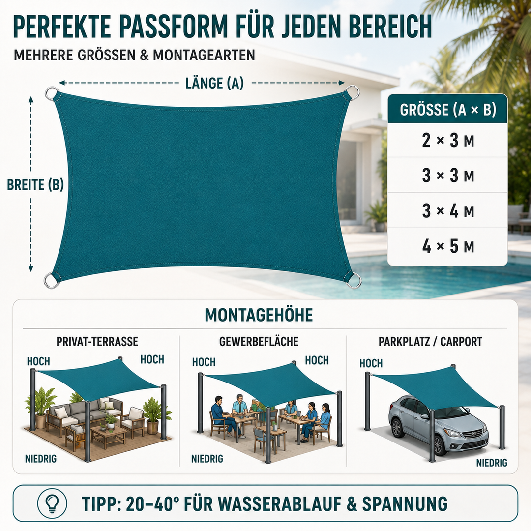Wetterfestes Sonnensegel aus Polyester, wasserdicht. Ideal für Outdoor, Terrasse & UV-Schutz.