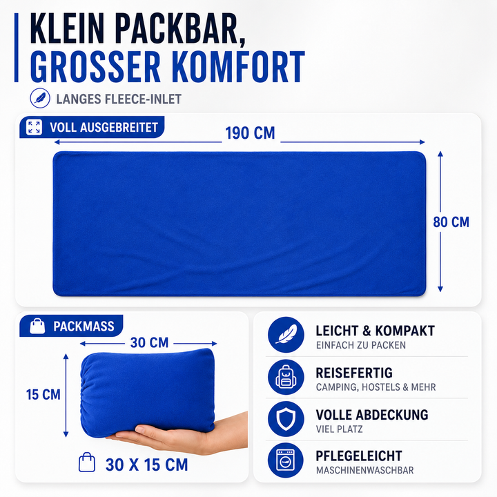 Kompakter Schlafsack-Innensack für Reisen, ideal als Hygiene-Liner im Hotel oder beim Camping.